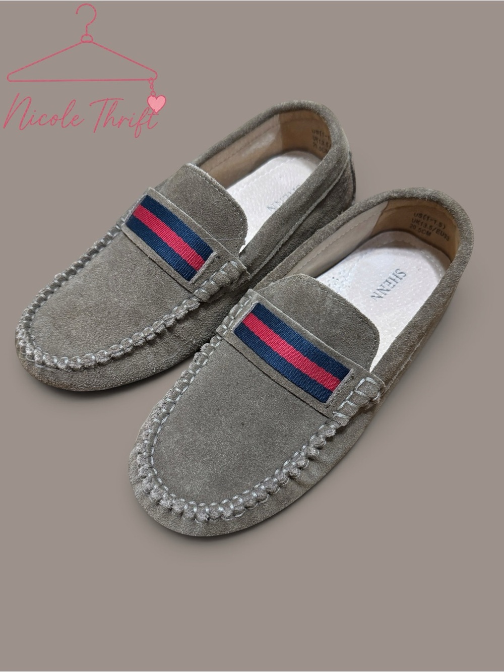 SHENN Boys Olive Taupe Suede Moccasin Loafers Size 1-1.5